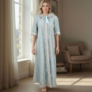 Odette Barsa full-length Housecoat Lace Peignoir Blue Cream Lace Rare Find